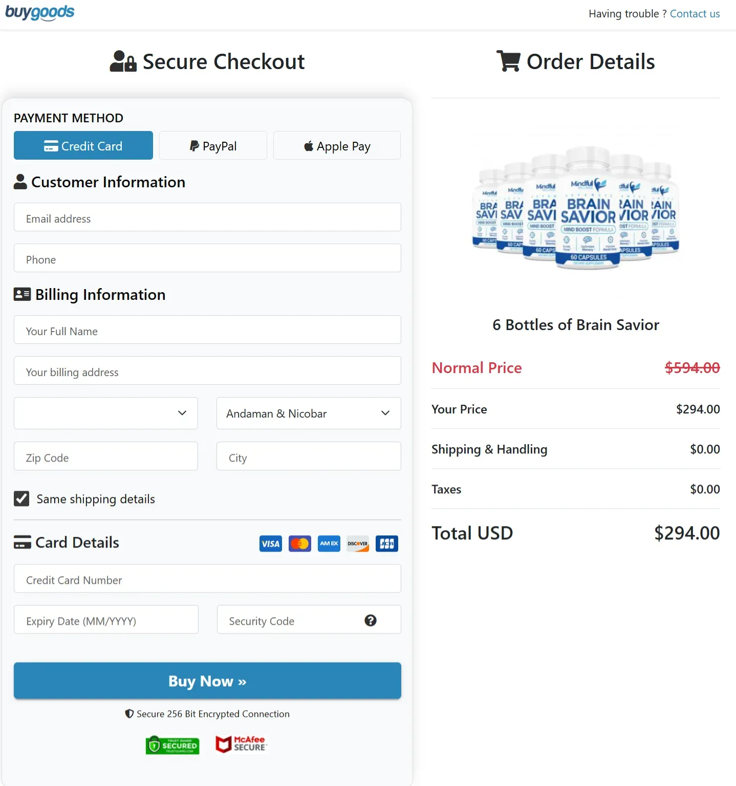 Brain Savior checkout page